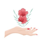 Kobieca delikatna dłoń trzymająca kwiaty. Czerwony bukiet - peonie, zielone gałązki i smukła dłoń. Elementy do wykorzystania na kartki z życzeniami, walentynki, spa, kosmetyki naturalne, eco produkty.