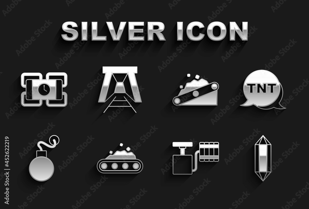 Set Conveyor belt carrying coal, Dynamite, Gem stone, Handle detonator, Bomb, and Mine entrance icon. Vector Set Conveyor belt carrying coal, Dynamite, Gem stone, Handle detonator, Bomb, and Mine entrance icon. Vector