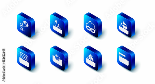 Set Windsurfing, Glasses for swimming, Diving board springboard, Yacht sailboat, Water polo, and Kitesurfing icon. Vector