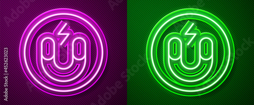 Glowing neon line Magnet icon isolated on purple and green background. Horseshoe magnet, magnetism, magnetize, attraction. Vector