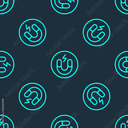 Green line Magnet icon isolated seamless pattern on blue background. Horseshoe magnet, magnetism, magnetize, attraction. Vector