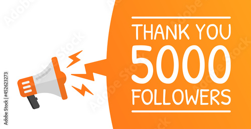 Thank you, 5000 followers on speech bubble with megaphone.