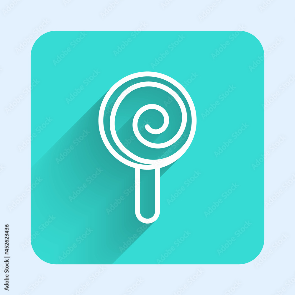White line Lollipop icon isolated with long shadow background. Candy sign. Food, delicious symbol. Green square button. Vector White line Lollipop icon isolated with long shadow background. Candy sign. Food, delicious symbol. Green square button. Vector