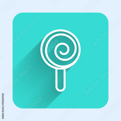 White line Lollipop icon isolated with long shadow background. Candy sign. Food, delicious symbol. Green square button. Vector