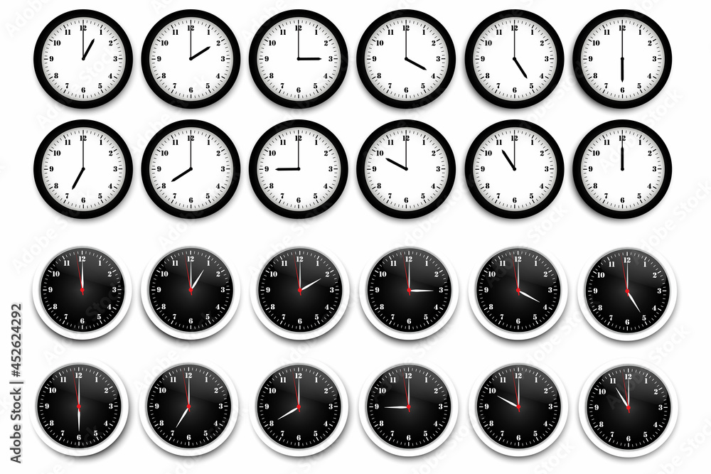 Clock icon set. Watch, time icon vector. Realistic wall clock set. Time icon set. Vector illustration. Stock image. Clock icon set. Watch, time icon vector. Realistic wall clock set. Time icon set. Vector illustration. Stock image.
