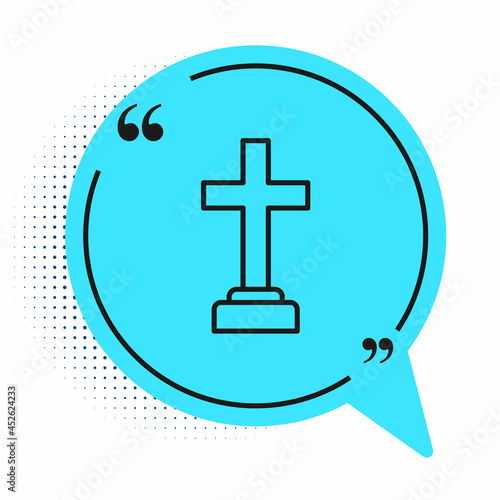 Black line Man graves funeral sorrow icon isolated on white background. The emotion of grief, sadness, sorrow, death. Blue speech bubble symbol. Vector
