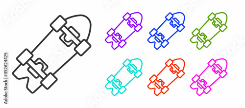 Black line Longboard or skateboard cruiser icon isolated on white background. Extreme sport. Sport equipment. Set icons colorful. Vector