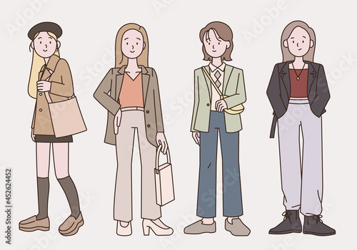 Casual street female fashionista characters standing. outline simple vector illustration.