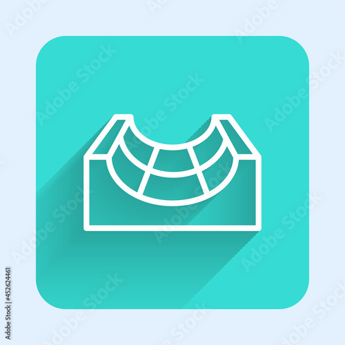 White line Skate park icon isolated with long shadow background. Set of ramp, roller, stairs for a skatepark. Extreme sport. Green square button. Vector