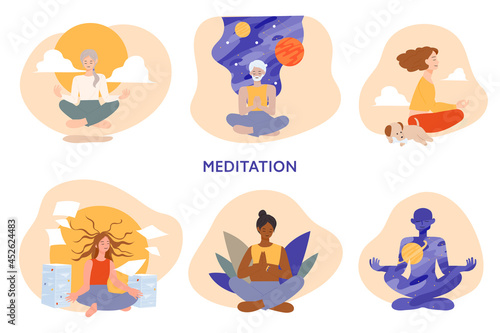 People are doing meditation to calm the mind. outline simple vector illustration.