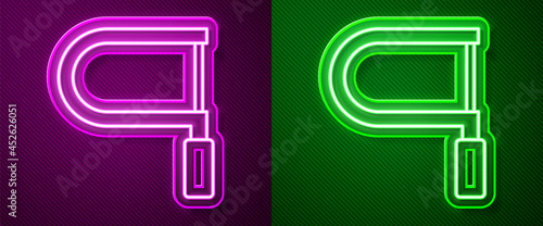 Glowing neon line Hacksaw icon isolated on purple and green background. Metal saw for wood and metal. Vector