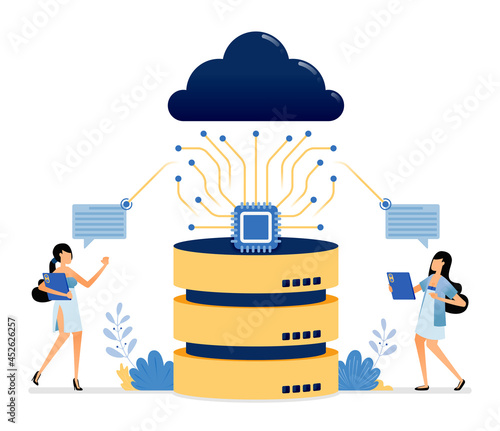 Illustration of cloud system connected to a microchip on a hardware database for easy communication. Vector design can be use for website, web, poster, banner, flyer, mobile apps, social media