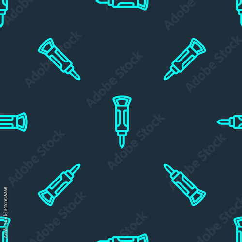 Green line Construction jackhammer icon isolated seamless pattern on blue background. Vector