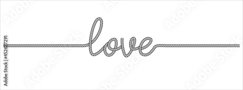 Rope tie in love text shape vector design. Rope lace line vector. Pretty rope knot form.