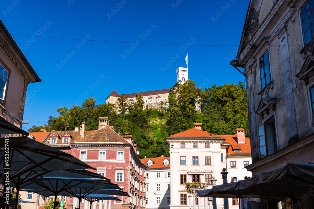 Obraz na płótnie スロベニア　リュブリャナの市街地から見上げるリュブリャナ城 w salonie