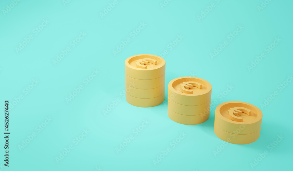 3d Rendering concept of Euro currency money finance. Cartoon style in pastel of stack of Euro money coins on blue background for online marketing commercial design. 3D Render. 3D illustration. 3d Rendering concept of Euro currency money finance. Cartoon style in pastel of stack of Euro money coins on blue background for online marketing commercial design. 3D Render. 3D illustration.