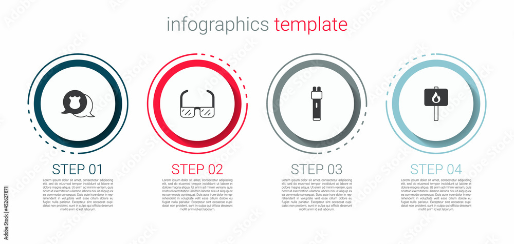 Set Police badge, Safety goggle glasses, electric shocker and Protest. Business infographic template. Vector Set Police badge, Safety goggle glasses, electric shocker and Protest. Business infographic template. Vector