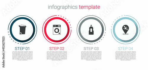 Set Trash can, Washer, Dishwashing liquid bottle and Home cleaning service. Business infographic template. Vector