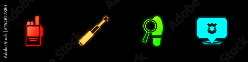 Set Walkie talkie, Telescopic baton, Footsteps and Police badge icon. Vector
