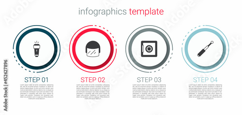 Set Flashlight, Police helmet, Safe and Telescopic baton. Business infographic template. Vector