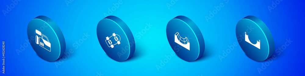 Set Isometric Cinema camera, Skate park, and Skateboard icon. Vector Set Isometric Cinema camera, Skate park, and Skateboard icon. Vector