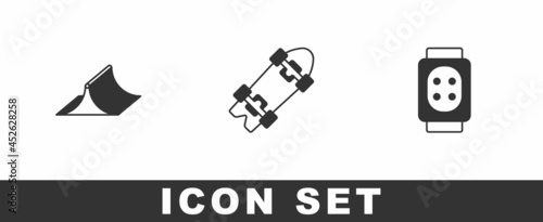 Set Skate park, Longboard or skateboard and Knee pads icon. Vector