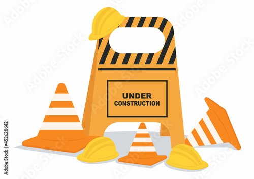 Under Construction With Symbol Worker Hold Stop or Road Sign, Tape Warning, Cone, Site Barrier. Background Vector Flat Cartoon Illustration