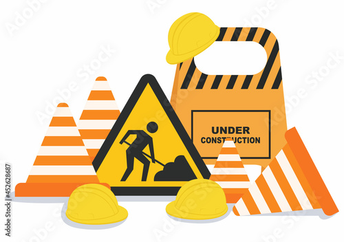 Under Construction With Symbol Worker Hold Stop or Road Sign, Tape Warning, Cone, Site Barrier. Background Vector Flat Cartoon Illustration