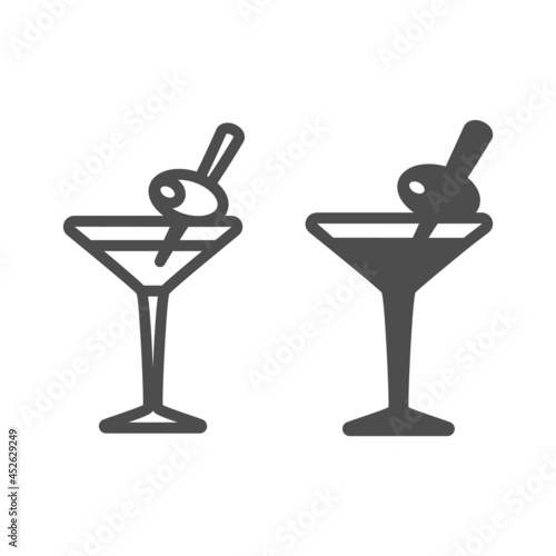 Glass of Martini with olive on toothpick line and solid icon, bar concept, vermouth cocktail vector sign on white background, outline style icon for mobile concept and web design. Vector graphics.