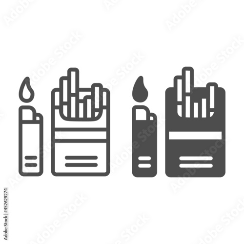 Pack of cigarettes with lighter line and solid icon, tobacco concept, sigs, tobacco, siggies vector sign on white background, outline style icon for mobile concept and web design. Vector graphics.