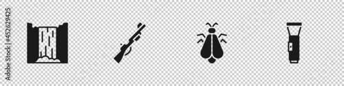 Set Waterfall, Hunting gun, Mosquito and Flashlight icon. Vector