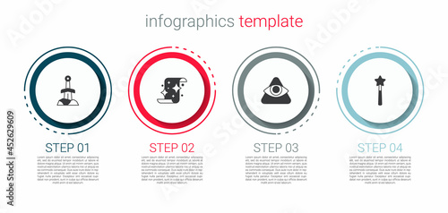 Set Sword in the stone, Magic scroll, All-seeing eye of God and wand. Business infographic template. Vector