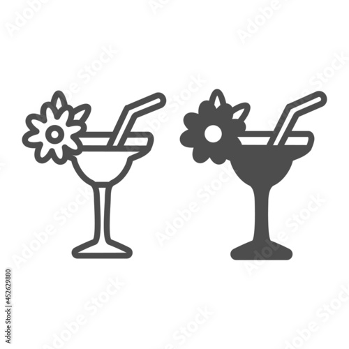 Margarita with floral decoration, garnished cocktail line and solid icon, bar concept, daiquiri vector sign on white background, outline style icon for mobile concept and web design. Vector graphics.