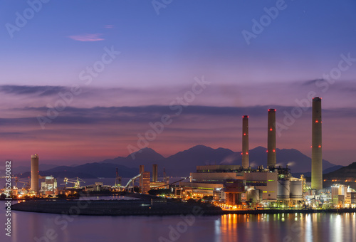 Photography Power plant in Hong Kong city at dusk