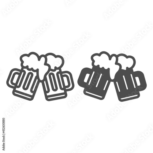 Two toasting beer mugs, cheers line and solid icon, brewery concept, beer festival, octoberfest vector sign on white background, outline style icon for mobile concept and web design. Vector graphics.