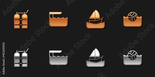 Set Aqualung, Diving board or springboard, Yacht sailboat and Water polo icon. Vector