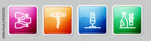 Set line Bottles of wine, Wine corkscrew, tasting, degustation and . Colorful square button. Vector