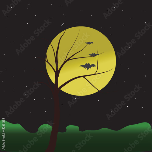 landscape at night, nocturnal bats, full moon, vector illustration