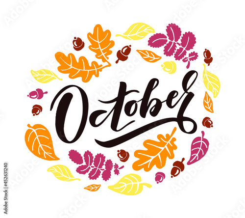 
Autumn graphic design element. Handwritten brush lettering illustration. September calligraphy print, label, sign, sticker template. EPS 10.