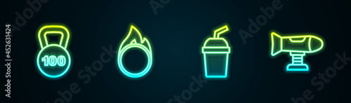 Set line Weight, Circus fire hoop, Paper glass with water and Swing plane. Glowing neon icon. Vector