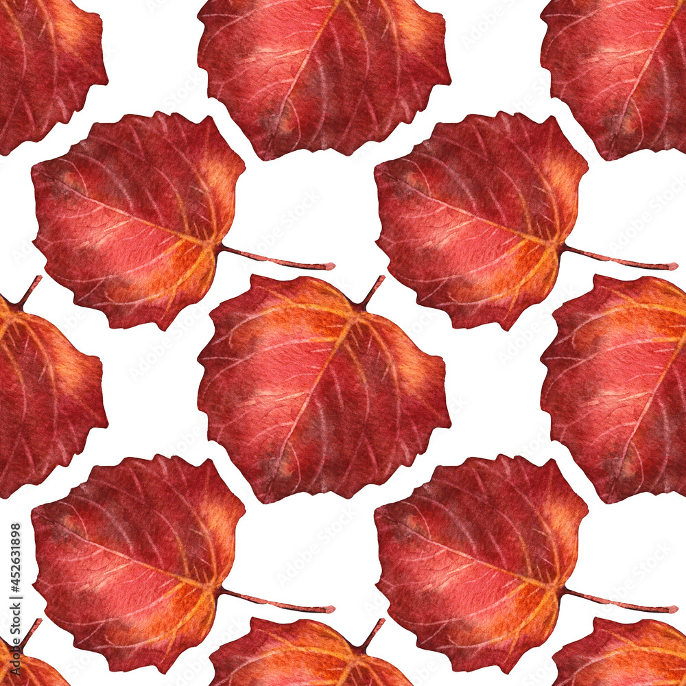 Obraz premium Autumn seamless pattern watercolor hand-drawn red, orange leaf isolated on white. Forest nature plant foliage leaves. Creative background for halloween, card, wallpaper, wrapping, sketchbook