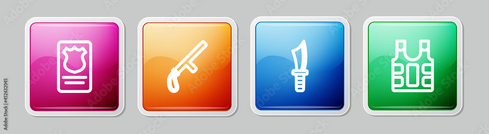 Set line Police badge with id case, rubber baton, Military knife and Bulletproof vest. Colorful square button. Vector Set line Police badge with id case, rubber baton, Military knife and Bulletproof vest. Colorful square button. Vector