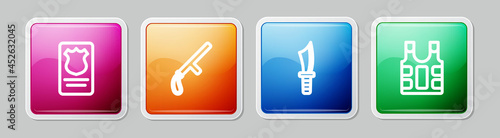 Set line Police badge with id case, rubber baton, Military knife and Bulletproof vest. Colorful square button. Vector