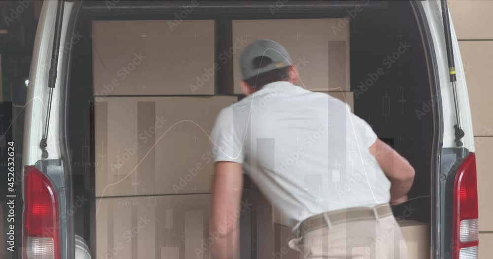 Animation of data processing over man packing boxes into car Animation of data processing over man packing boxes into car