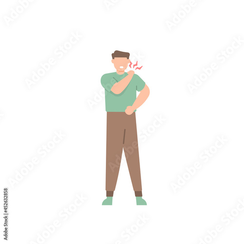 illustration of a man holding his neck because his neck feels stiff and sore. experiencing neck pain, muscle pain, osteoarthritis, pinched nerves, rheumatism, and fibromyalgia. flat style design