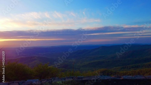 Magical flight aerial drone cinematic footage of overlook Shenandoah River Blue ridge Mountains Virginia photo