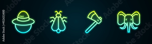 Set line Camping hat, Mosquito, Wooden axe and Elephant. Glowing neon icon. Vector