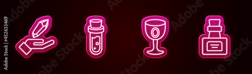 Set line Magic stone, Bottle with potion, Medieval goblet and . Glowing neon icon. Vector