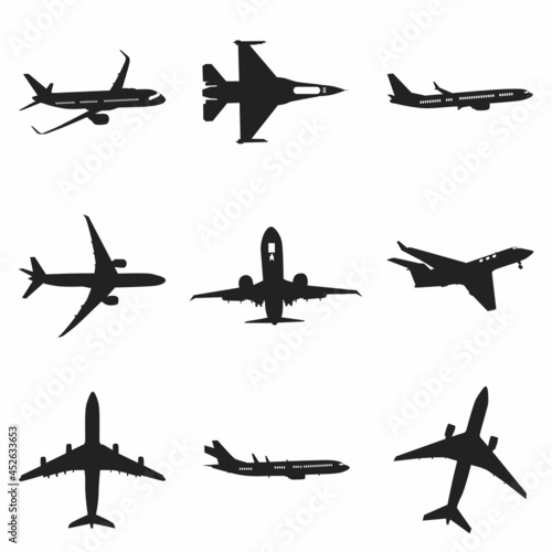 Airplane icon SET vector illustration isolated sign symbol - black and white style in transparent background.