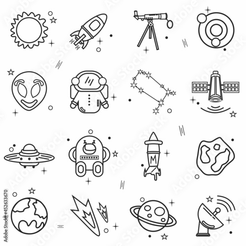 Space and astronomy line icons set - spacecraft, satellite, celestial bodies, solar system, galaxy, constellation, UFO or flying saucer, alien, observatory, telescope. Monochrome vector illustration